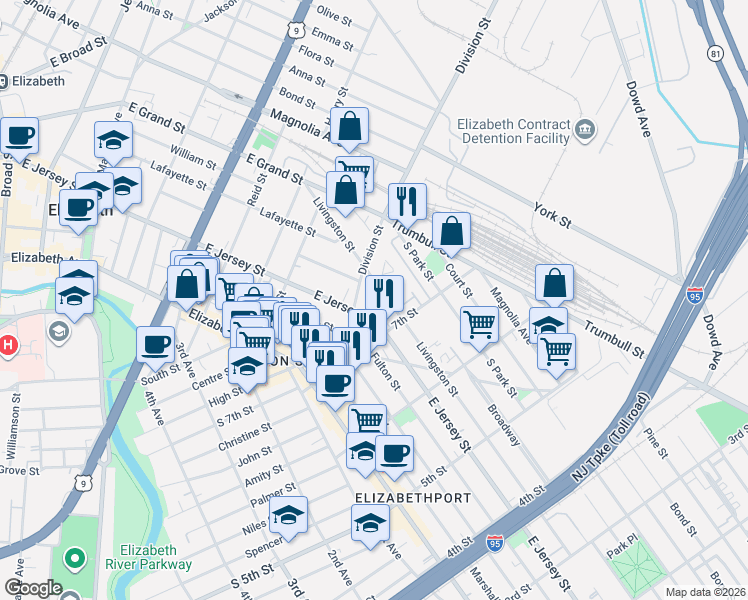 map of restaurants, bars, coffee shops, grocery stores, and more near 105-09 Miller Street in Elizabeth