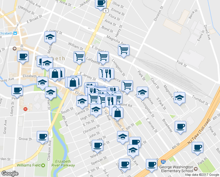 map of restaurants, bars, coffee shops, grocery stores, and more near 840 East Jersey Street in Elizabeth