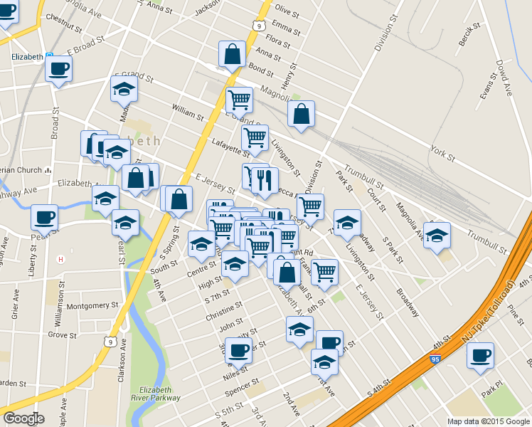 map of restaurants, bars, coffee shops, grocery stores, and more near 840 East Jersey Street in Elizabeth