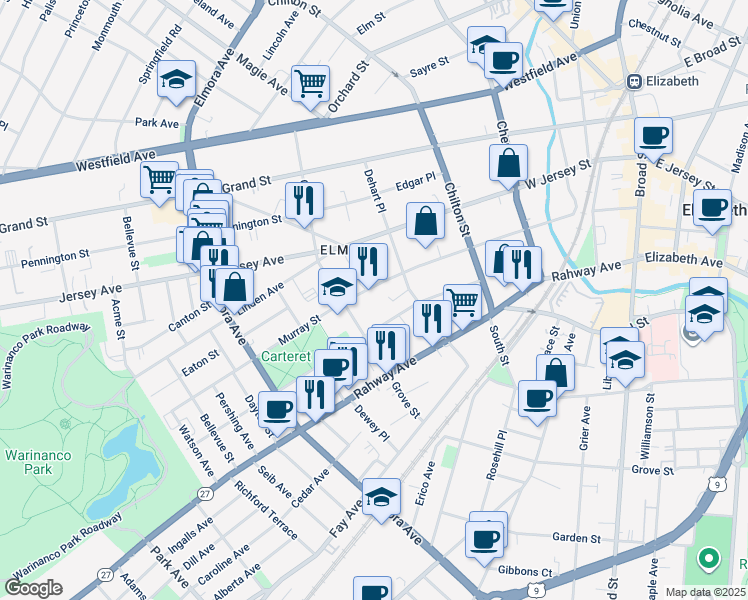 map of restaurants, bars, coffee shops, grocery stores, and more near 333 Vine Street in Elizabeth