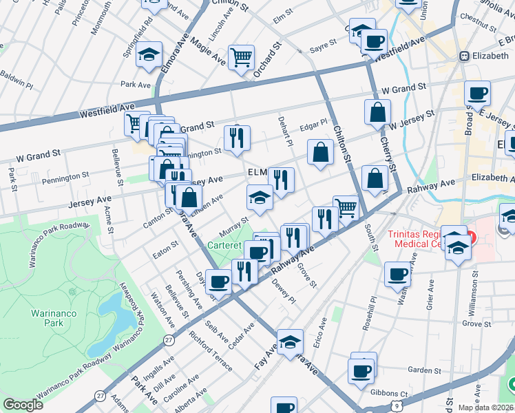 map of restaurants, bars, coffee shops, grocery stores, and more near 356 Murray Street in Elizabeth