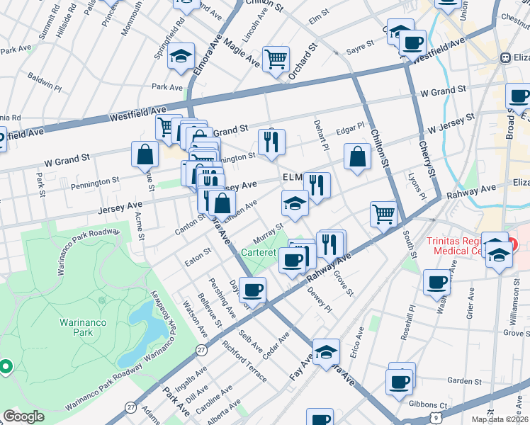 map of restaurants, bars, coffee shops, grocery stores, and more near 427 Murray Street in Elizabeth