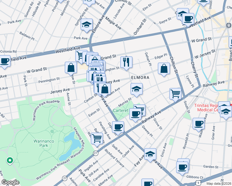 map of restaurants, bars, coffee shops, grocery stores, and more near 82 Clover Street in Elizabeth
