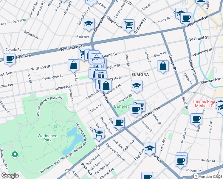 map of restaurants, bars, coffee shops, grocery stores, and more near 533 Linden Avenue in Elizabeth