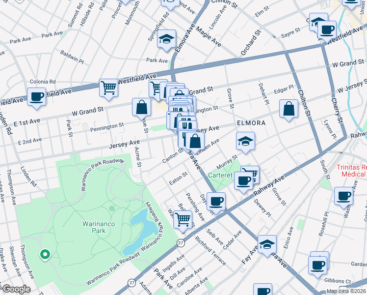 map of restaurants, bars, coffee shops, grocery stores, and more near 711 Canton Street in Elizabeth