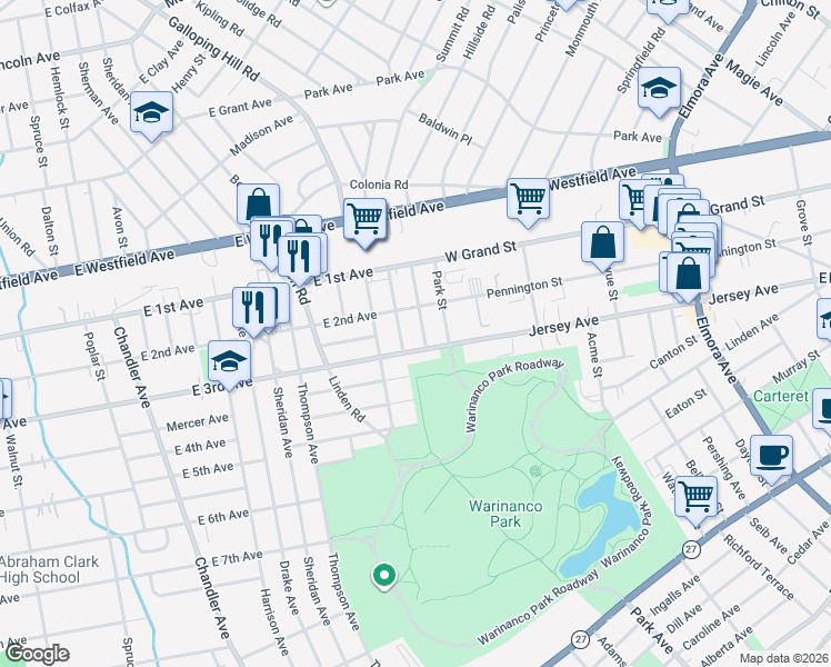 map of restaurants, bars, coffee shops, grocery stores, and more near 731 East 3rd Avenue in Roselle