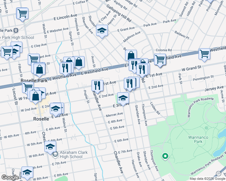 map of restaurants, bars, coffee shops, grocery stores, and more near 443 East 2nd Avenue in Roselle