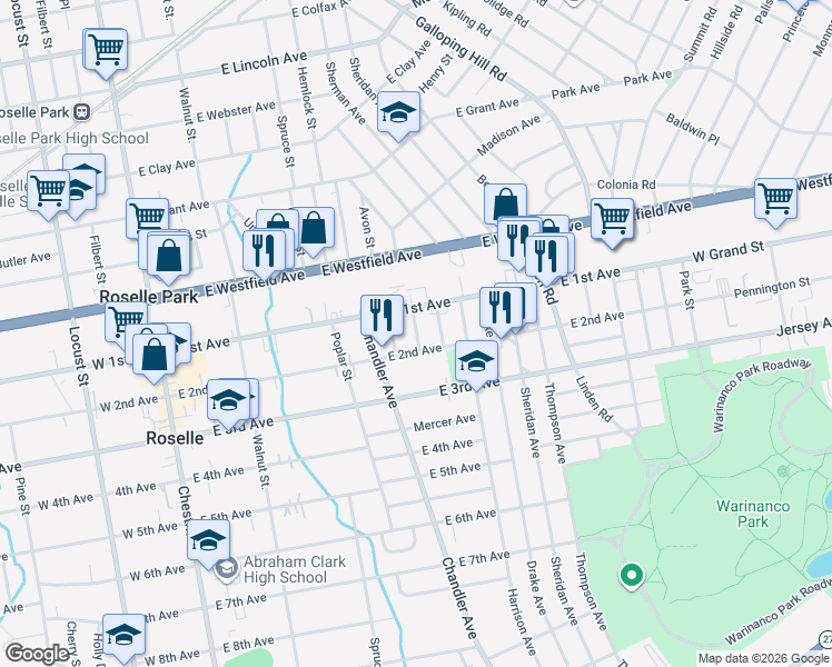 map of restaurants, bars, coffee shops, grocery stores, and more near 443 East 2nd Avenue in Roselle