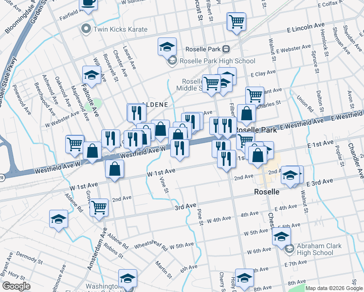 map of restaurants, bars, coffee shops, grocery stores, and more near 190 Westfield Avenue West in Roselle Park
