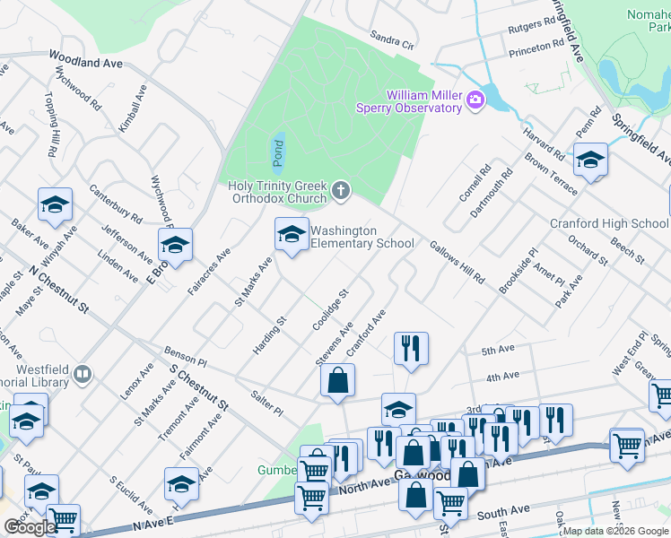 map of restaurants, bars, coffee shops, grocery stores, and more near 941 Coolidge Street in Westfield