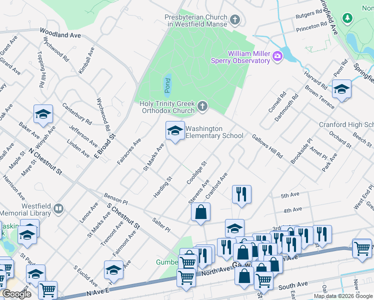 map of restaurants, bars, coffee shops, grocery stores, and more near 917 Harding Street in Westfield
