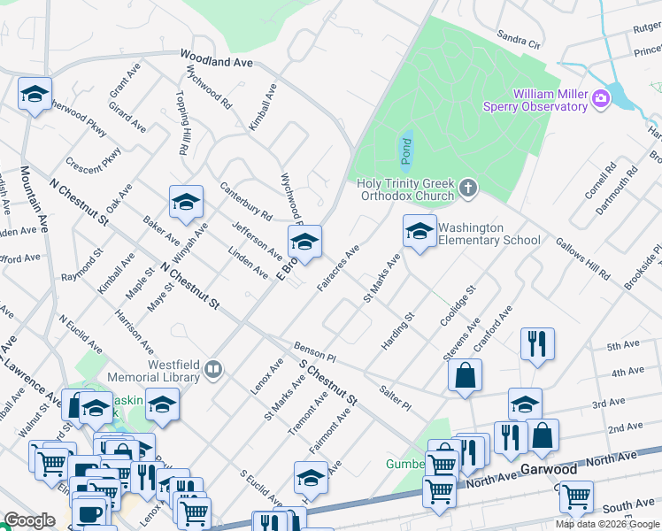 map of restaurants, bars, coffee shops, grocery stores, and more near 779 Fairacres Avenue in Westfield