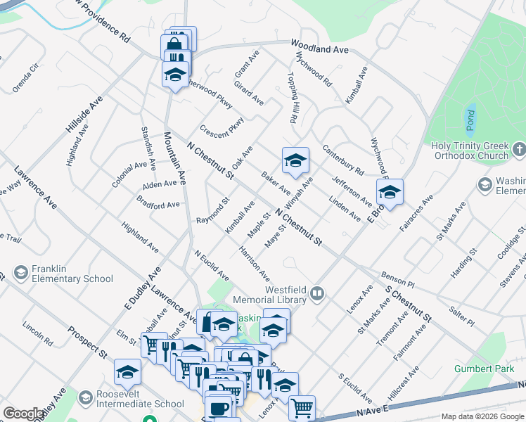 map of restaurants, bars, coffee shops, grocery stores, and more near 641 Maple Street in Westfield