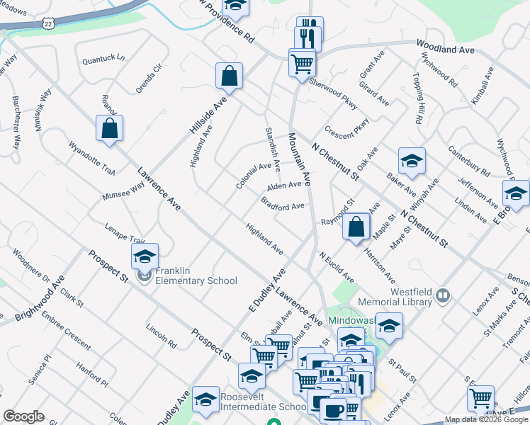 map of restaurants, bars, coffee shops, grocery stores, and more near 418 Alden Avenue in Westfield