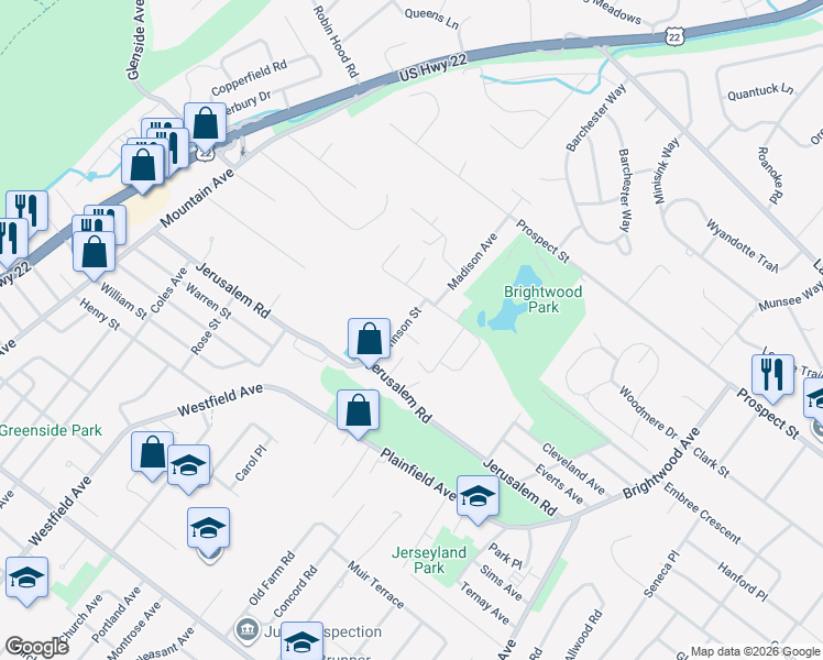 map of restaurants, bars, coffee shops, grocery stores, and more near 634 Fanwood Avenue in Scotch Plains