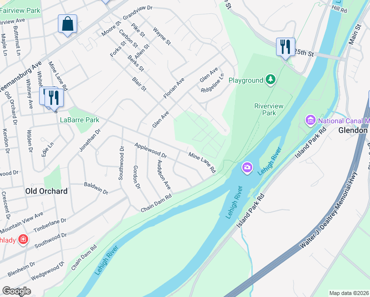 map of restaurants, bars, coffee shops, grocery stores, and more near 1701 Mine Lane Road in Easton