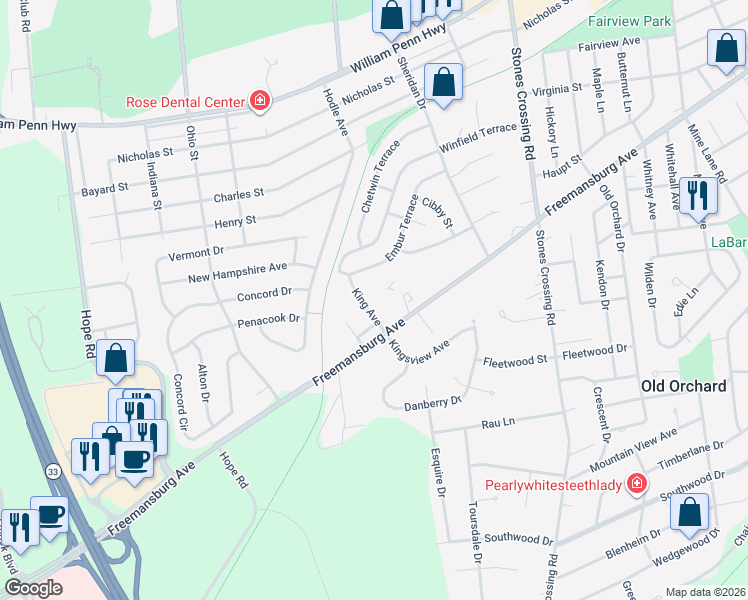 map of restaurants, bars, coffee shops, grocery stores, and more near 2837 King Avenue in Easton