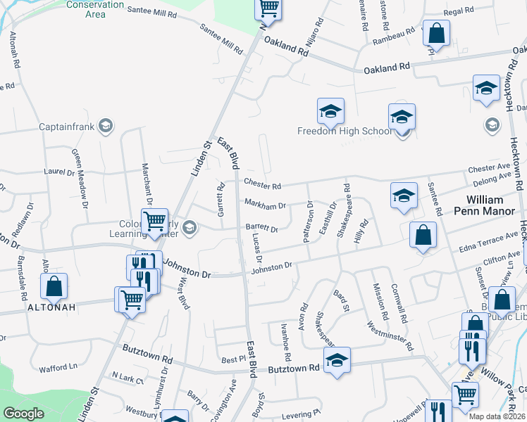 map of restaurants, bars, coffee shops, grocery stores, and more near 1746 Markham Drive in Bethlehem