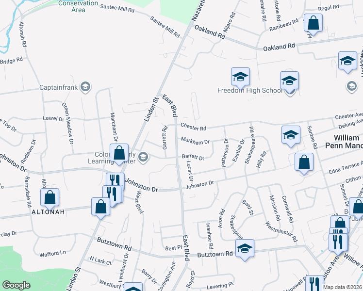map of restaurants, bars, coffee shops, grocery stores, and more near 3222 East Boulevard in Bethlehem