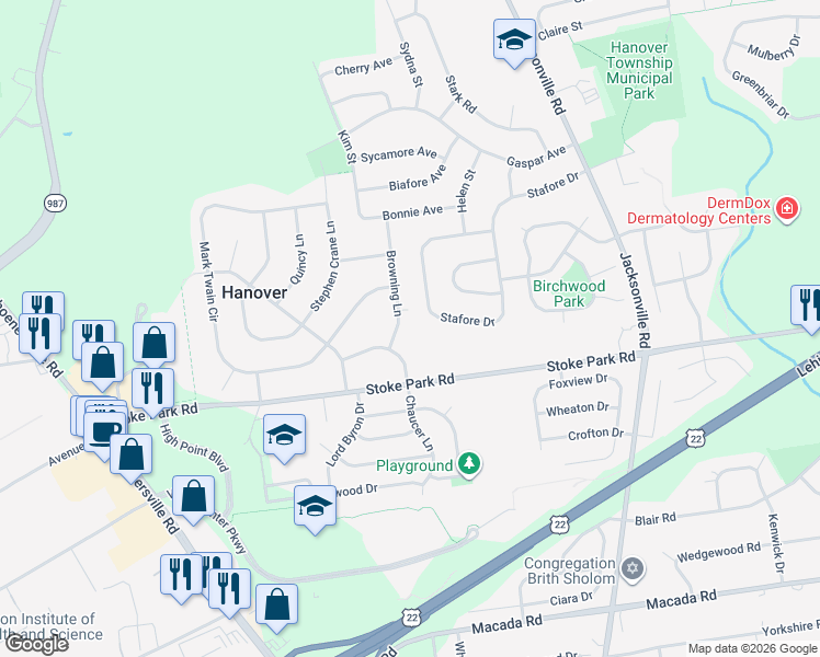 map of restaurants, bars, coffee shops, grocery stores, and more near 3524 Browning Lane in Bethlehem