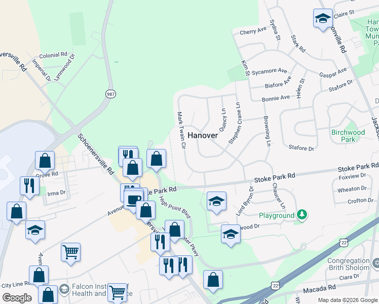 map of restaurants, bars, coffee shops, grocery stores, and more near 1847 Mark Twain Circle in Bethlehem
