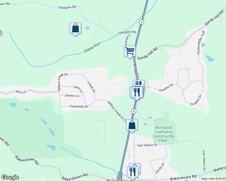 map of restaurants, bars, coffee shops, grocery stores, and more near 101 Bellefield Court in Gibsonia