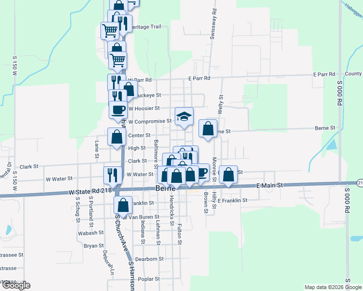 map of restaurants, bars, coffee shops, grocery stores, and more near 361 Sprunger Street in Berne