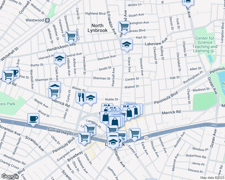map of restaurants, bars, coffee shops, grocery stores, and more near 142 Walnut Street in Lynbrook