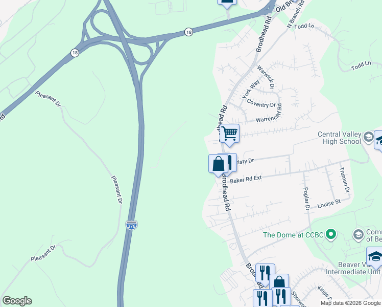 map of restaurants, bars, coffee shops, grocery stores, and more near 3613 Brodhead Road in Monaca