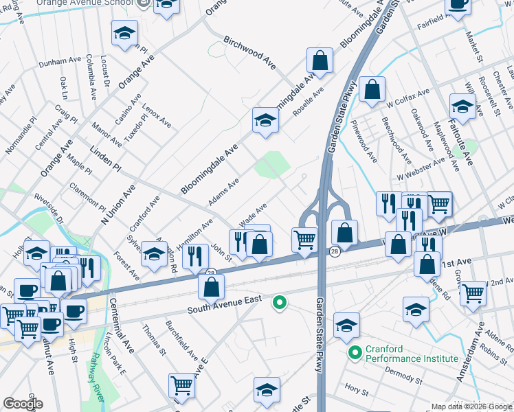 map of restaurants, bars, coffee shops, grocery stores, and more near 10 Van Buren Avenue in Cranford