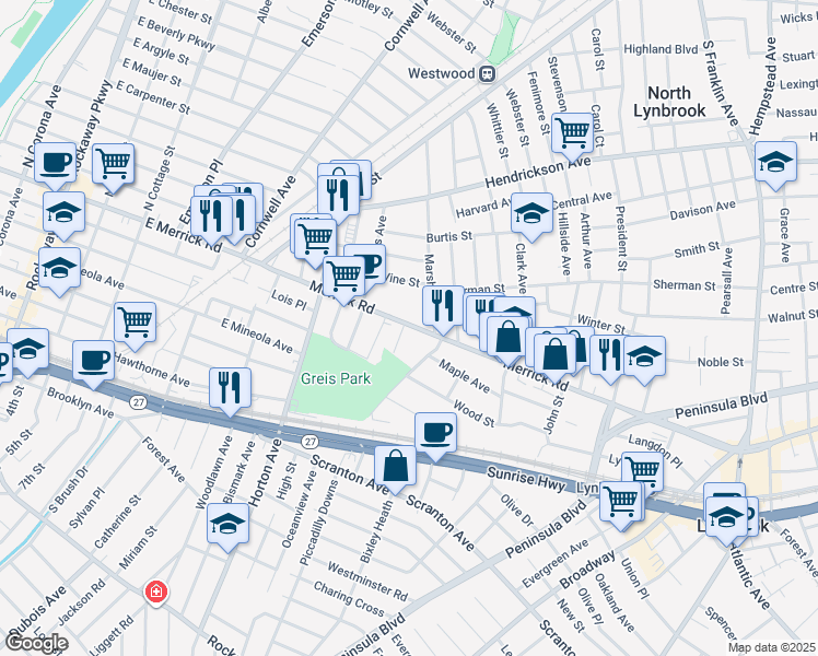 map of restaurants, bars, coffee shops, grocery stores, and more near 610 Merrick Rd in Lynbrook