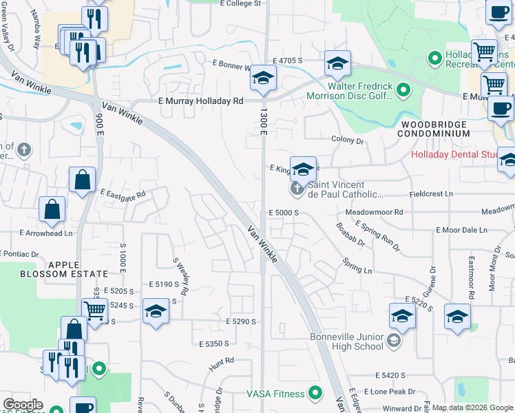 map of restaurants, bars, coffee shops, grocery stores, and more near 4985 Kiska Lane in Salt Lake City