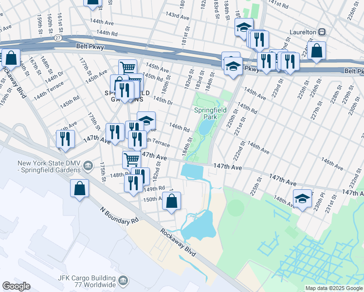 map of restaurants, bars, coffee shops, grocery stores, and more near 183-02 146th Terrace in Queens