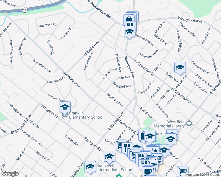 map of restaurants, bars, coffee shops, grocery stores, and more near 418 Alden Avenue in Westfield