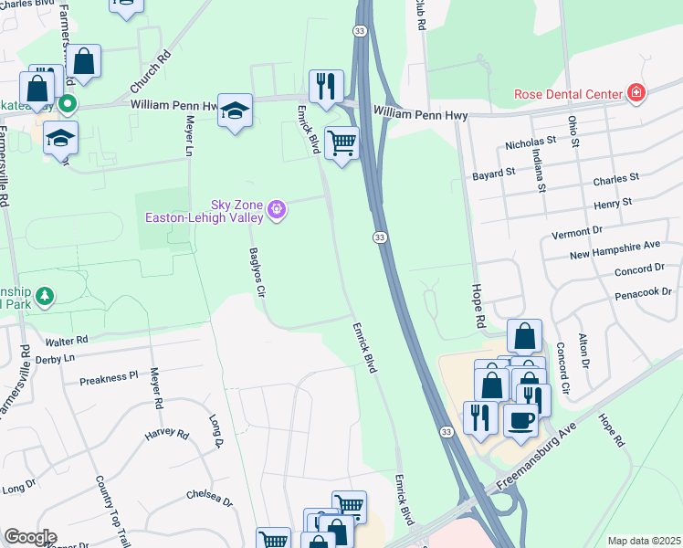 map of restaurants, bars, coffee shops, grocery stores, and more near Emrick Boulevard in Northampton County