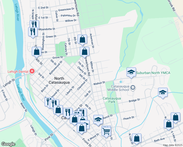 map of restaurants, bars, coffee shops, grocery stores, and more near 1037 Howertown Rd in Catasauqua