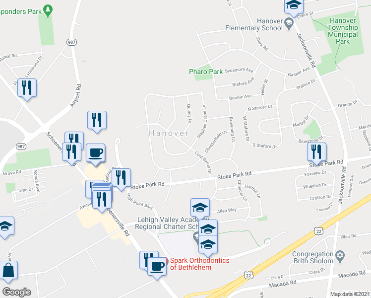 map of restaurants, bars, coffee shops, grocery stores, and more near 1610 Chippendale Circle in Bethlehem