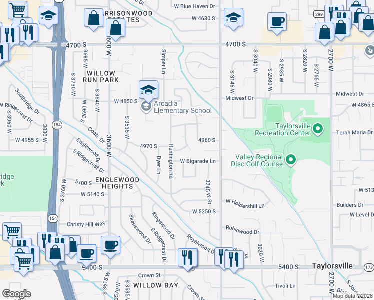 map of restaurants, bars, coffee shops, grocery stores, and more near 4974 Greentree Way West in Salt Lake City