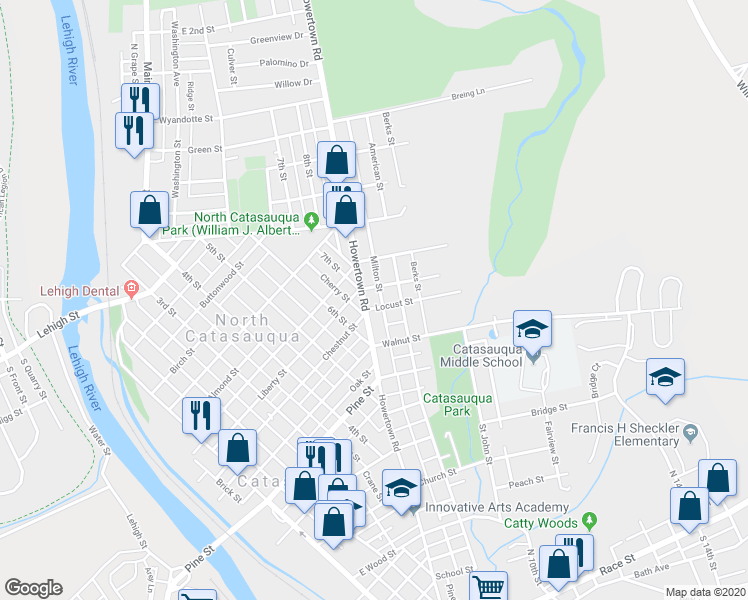 map of restaurants, bars, coffee shops, grocery stores, and more near 1037 Howertown Rd in Catasauqua