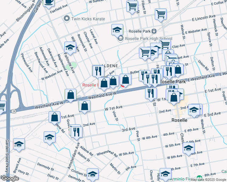 map of restaurants, bars, coffee shops, grocery stores, and more near 231 Westfield Avenue West in Roselle Park