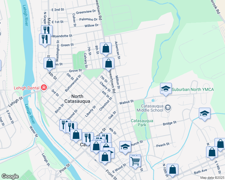 map of restaurants, bars, coffee shops, grocery stores, and more near 1034 Howertown Road in Catasauqua