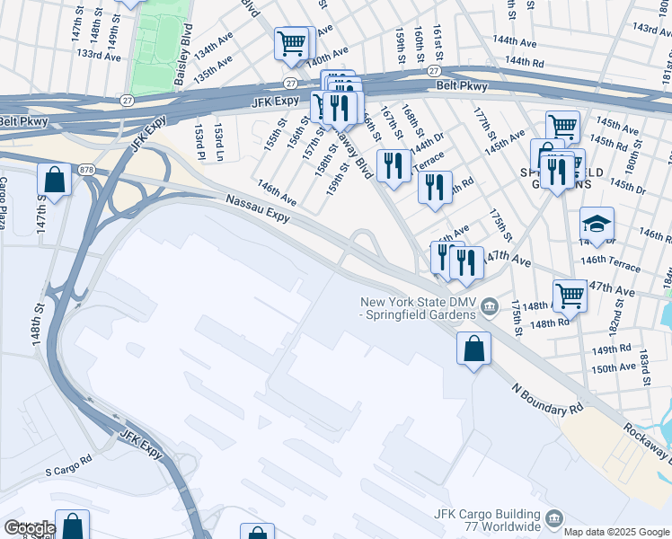 map of restaurants, bars, coffee shops, grocery stores, and more near 22 North Hangar Road in Queens