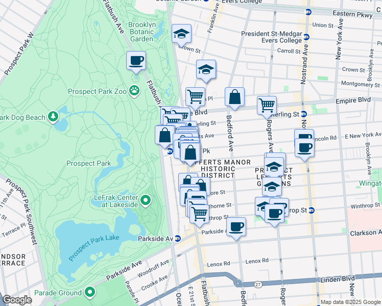 map of restaurants, bars, coffee shops, grocery stores, and more near 64 Lincoln Road in Brooklyn