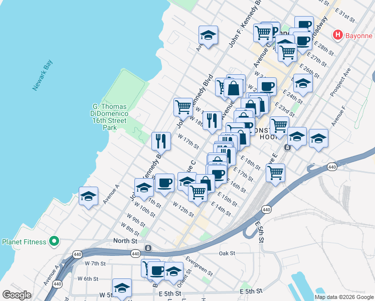 map of restaurants, bars, coffee shops, grocery stores, and more near 76 West 16th Street in Bayonne
