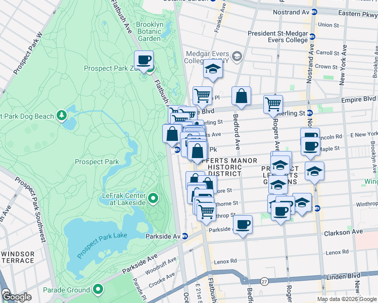 map of restaurants, bars, coffee shops, grocery stores, and more near 540 Flatbush Avenue in Brooklyn