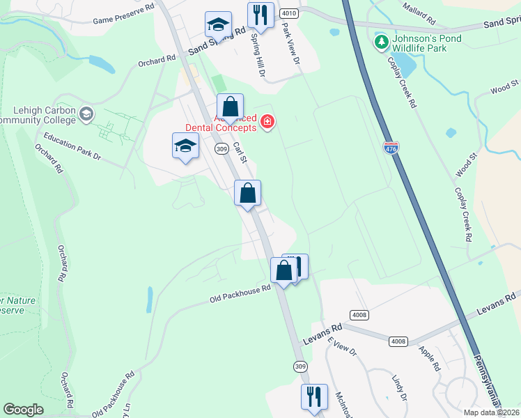 map of restaurants, bars, coffee shops, grocery stores, and more near 4143 Pennsylvania 309 in Schnecksville