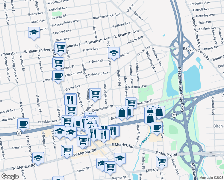 map of restaurants, bars, coffee shops, grocery stores, and more near 76 N Columbus Ave in Freeport