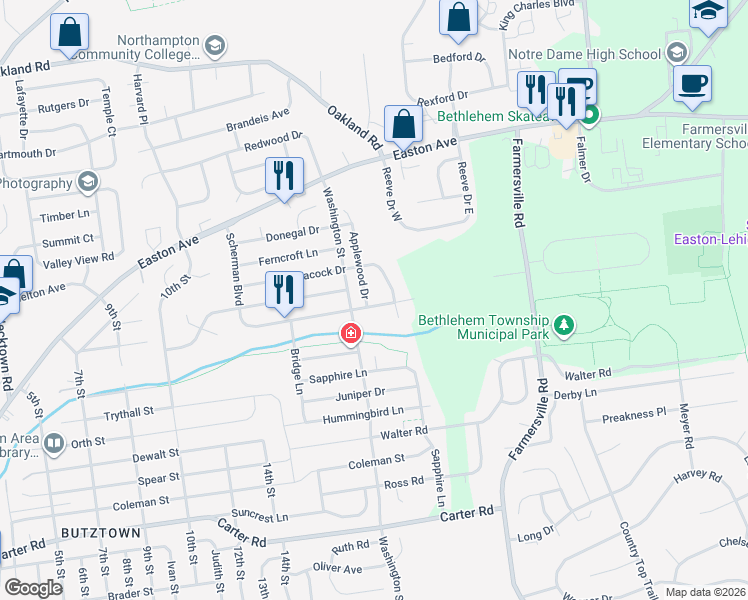 map of restaurants, bars, coffee shops, grocery stores, and more near 4103 Scherman Boulevard in Bethlehem