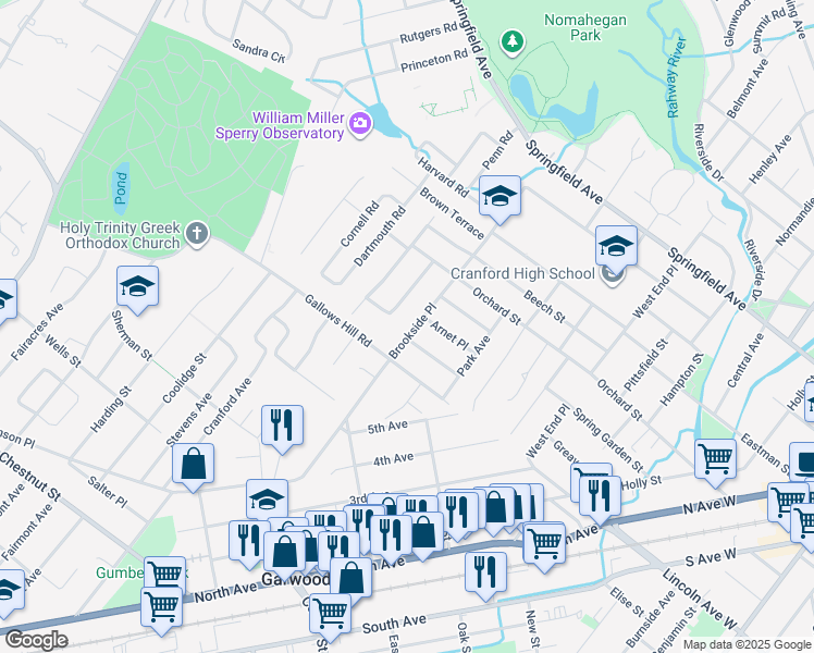 map of restaurants, bars, coffee shops, grocery stores, and more near 599 Brookside Place in Cranford