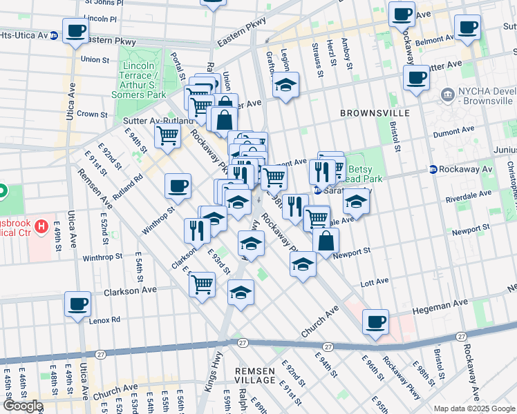 map of restaurants, bars, coffee shops, grocery stores, and more near Kings Hwy & Rockaway Pkwy in Brooklyn